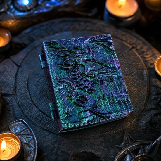 7-in-1 Rotating Dice Box Vintage Magic Spell Book with Dragon Relief Dice
