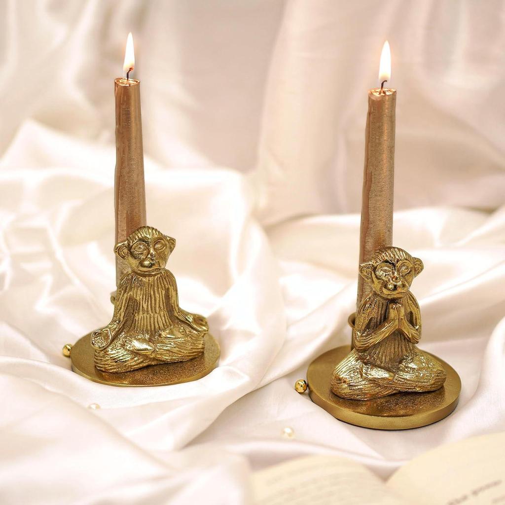 Aluminium Pair of Yoga Monkey Candle Holder for Home Decoration | Antique Gold Decorative Stag Candle Stand for Home Decor