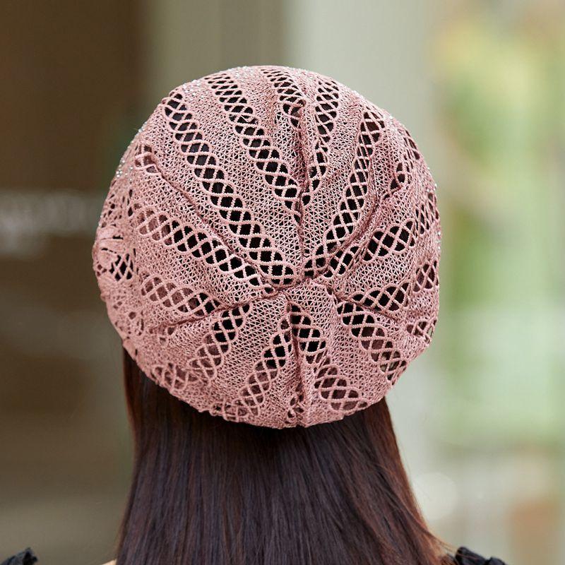 Women's Single Layer Hollow Slouchy Hat Summer Stylish Rhinestone Flower Turban Fashion Lace Pull-On Cap