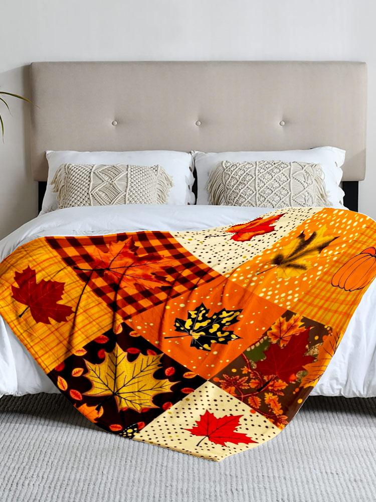 1 piece autumn-themed patchwork flannel blanket, perfect for sofa, bed, office; ideal gift for family, friends, and holidays.