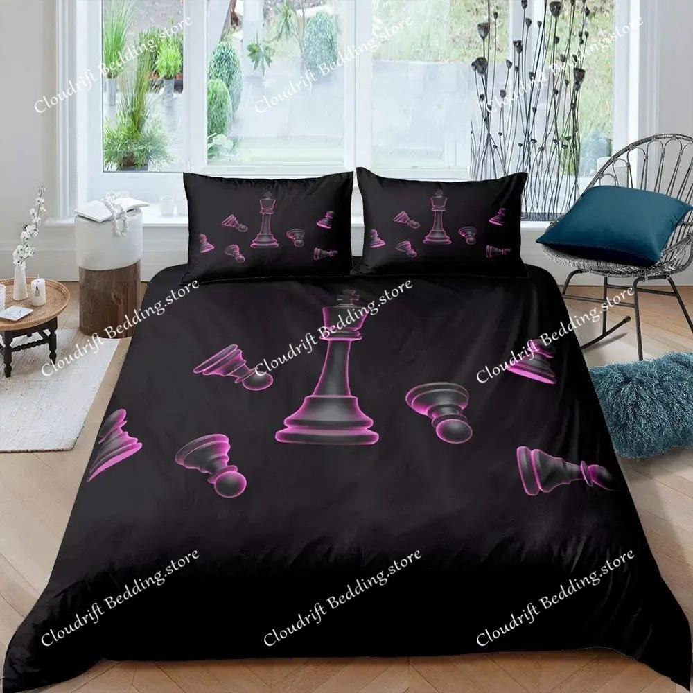 International Chess Duvet Cover Set Queen Size Chess Lovers Bedding Set for Boys Adults Microfiber Black Base Quilt Cover