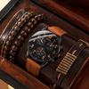 Men's Quartz Watch & Woven Bracelet Set: Faux Triple-Eye Design, Fashion Leather Belt – 4 Pieces
