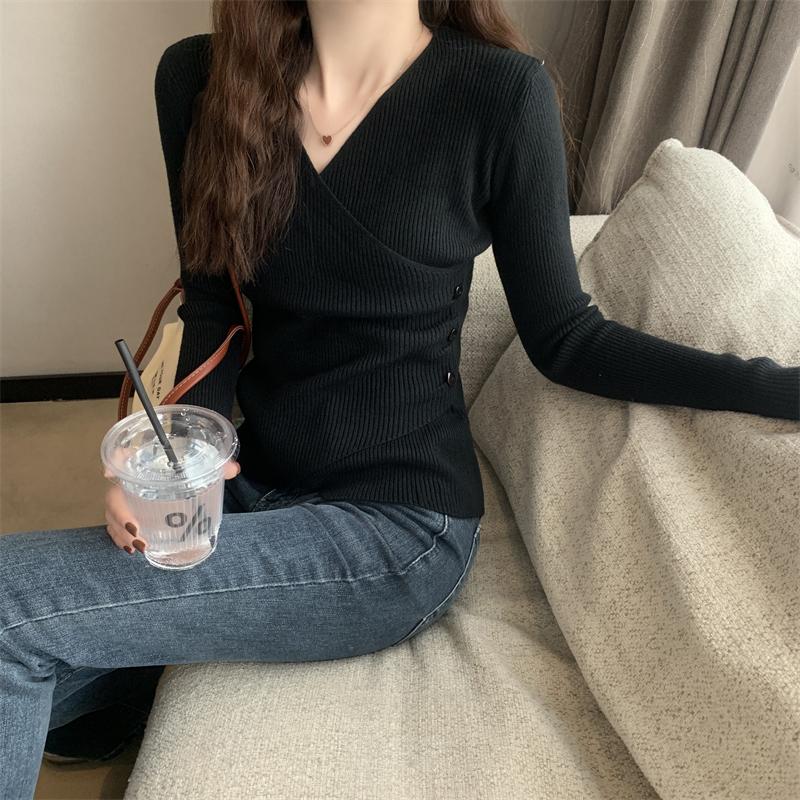 Spring and Autumn Women's Sweater Pullovers Ribbed Knit V-Neck Long Sleeve Button Side Jumper Basic Outfit