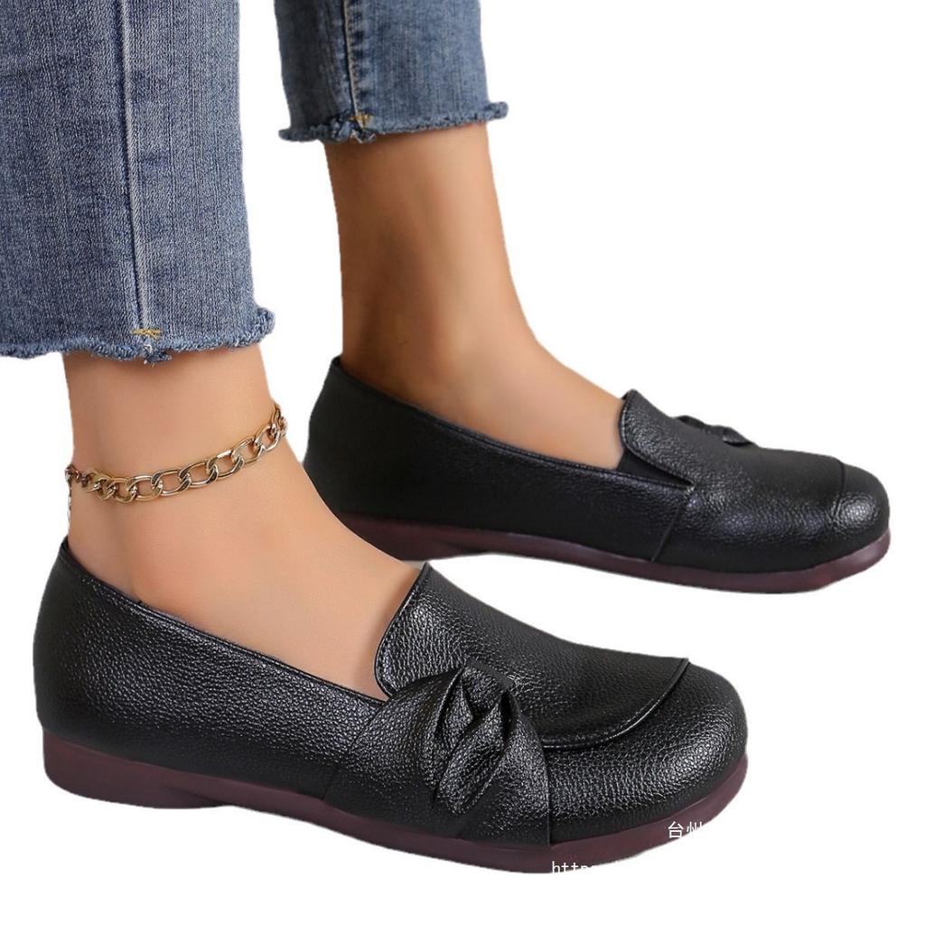 2025 New Large Size Women's Shoes Single Shoes Women's Beef Tendon Soft Sole Shallow Mouth European and American Casual Flat Bottom Mother Shoes In 