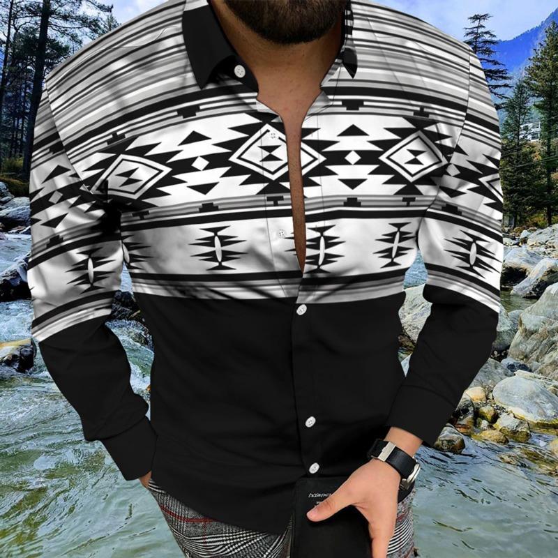 New Tribal Ethnic Lapel Men's Casual Sports Outdoor Street Long-sleeved Button-up Shirt