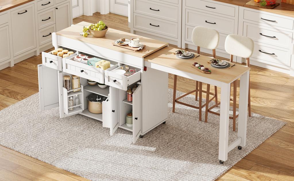 Kücheninsel auf Rädern, Ausziehbarer Essbereich mit Gewürzregal und Schubladen, Mobil Freistehend, Ideal für Küche und Esszimmer (Weiß)