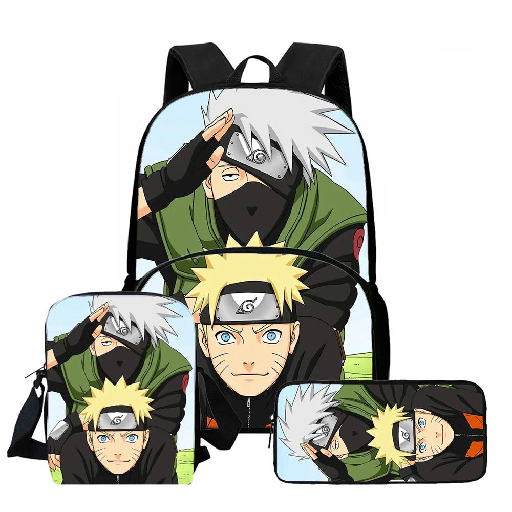3Pcs Set School Backpack with Front Pocket, Crossbody Bag & Pencil Bag, Cartoon NARUTO, Lightweight for Boys & Girls Ages 6-10