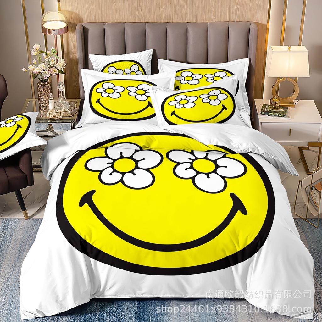 Heiß verkaufte 3D Digitaldruck Hip-Hop Graffiti Smiley Gesicht Bettwäsche Kissenbezug Bettbezug Dreiteiliges Set