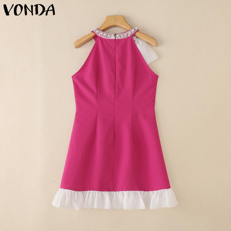 VONDA Women Bow Knot Sleeveless Sequin Beading Slim Waist Casual Mini Dress