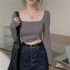Women Square Neck Cropped Fitted Long Sleeve Casual Base T Shirt