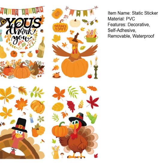 Fall Window Decoration Supplies 4 Sheets Thanksgiving Static Stickers, Decorative Vinyl Decals, Autumn Turkey Harvest Festival Art Maple Leaves