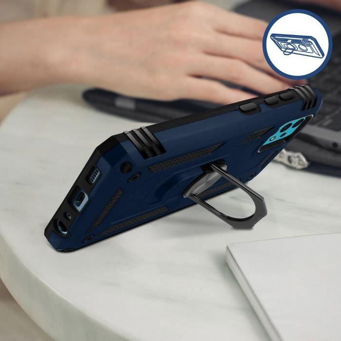 Case for Samsung A52 5G + Tempered Glass - Sturdy Stand Ring Reinforced Edge Rigid Metal Plate - Navy Blue