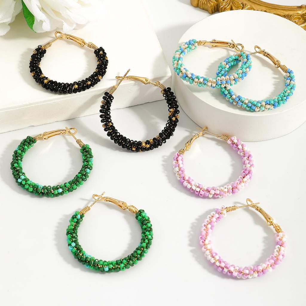 European and American exaggerated fashion handmade rice bead circle earrings colorful simple color matching hand-woven earrings