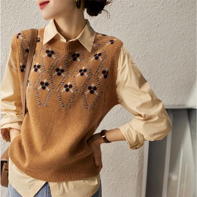 Χαλαρό γυναικείο πλεκτό γιλέκο με λαιμόκοψη V: Συλλογή Φθινόπωρο/Χειμώνα - Πολυεστερικό Υλικό, Σχέδιο V-Neck, Απλό μοτίβο, Casual στυλ