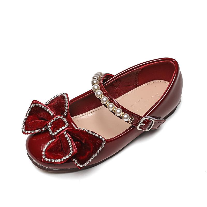 Children's Mary Jane Shoes Girls Black Red Leather Shoes with Rhinestone Bow Fashion Versatile Unique Kids Non-slip Dress Flats