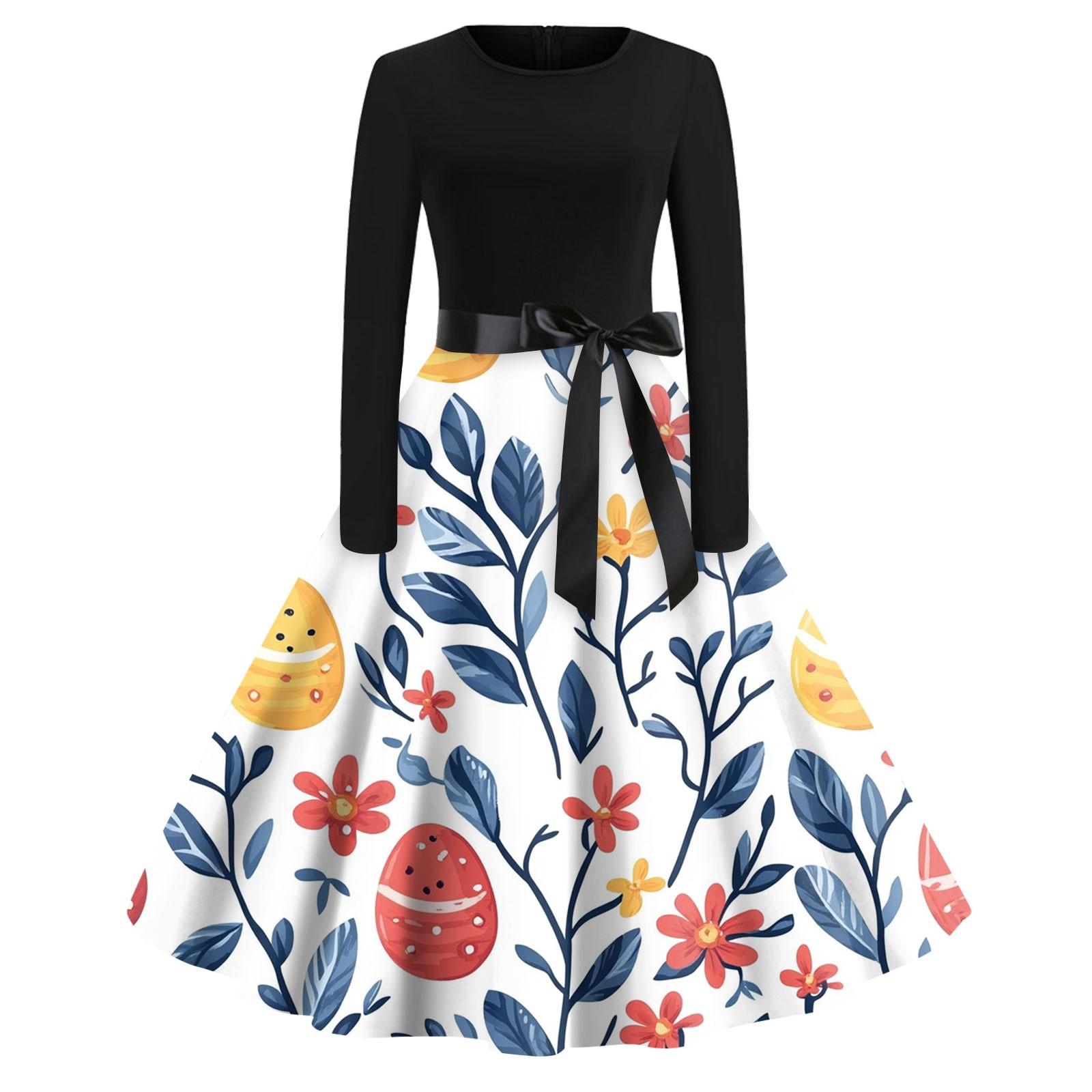 

Женские платья модные повседневные облегающие платья с круглым вырезом и принтом на Пасху с длинным рукавом XL жёлтый