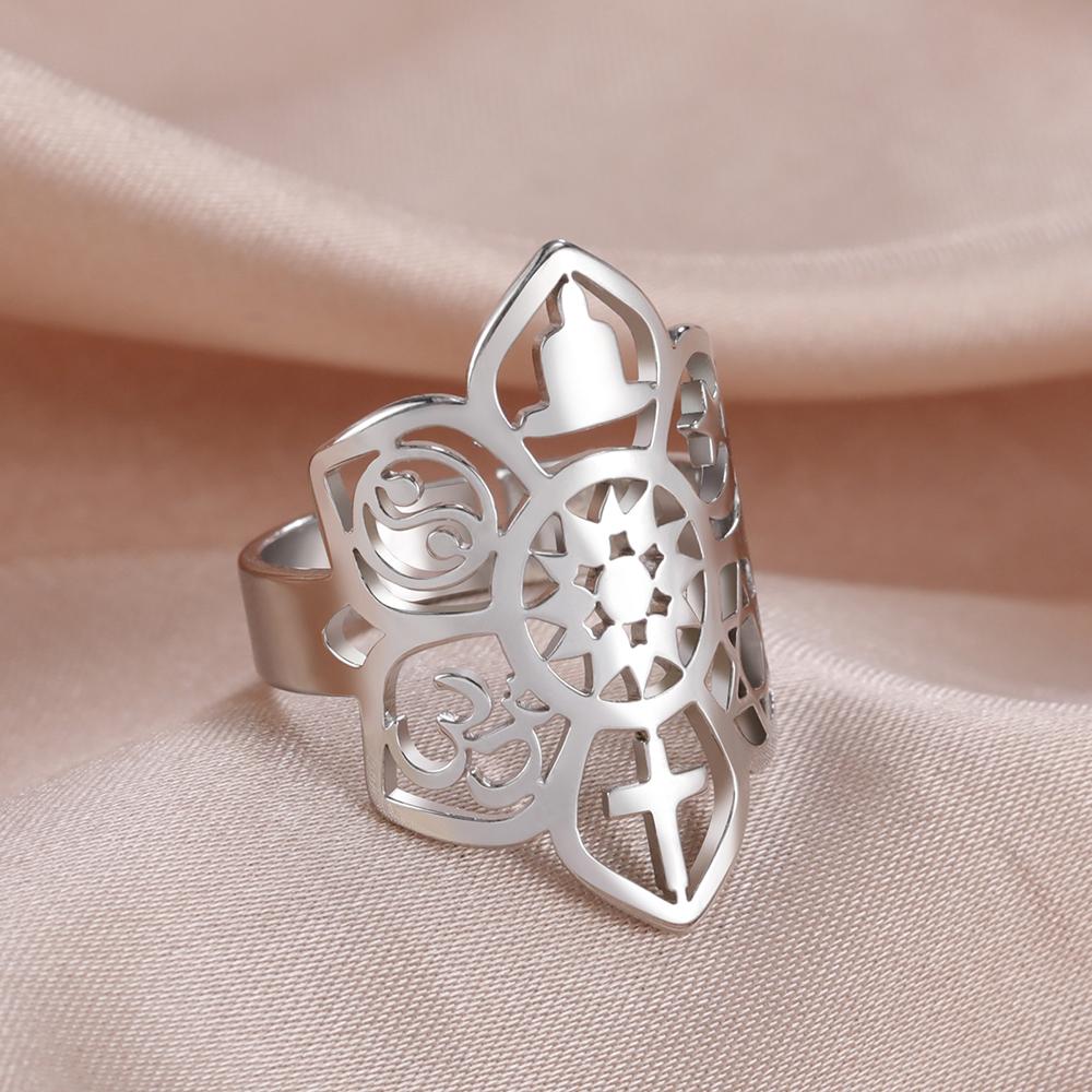Dawapara Coexist Spiritual Symbols Adjustable Ring Good Luck Amulet Peace Unity Religious Dharma Wheel of Life Stainless Steel