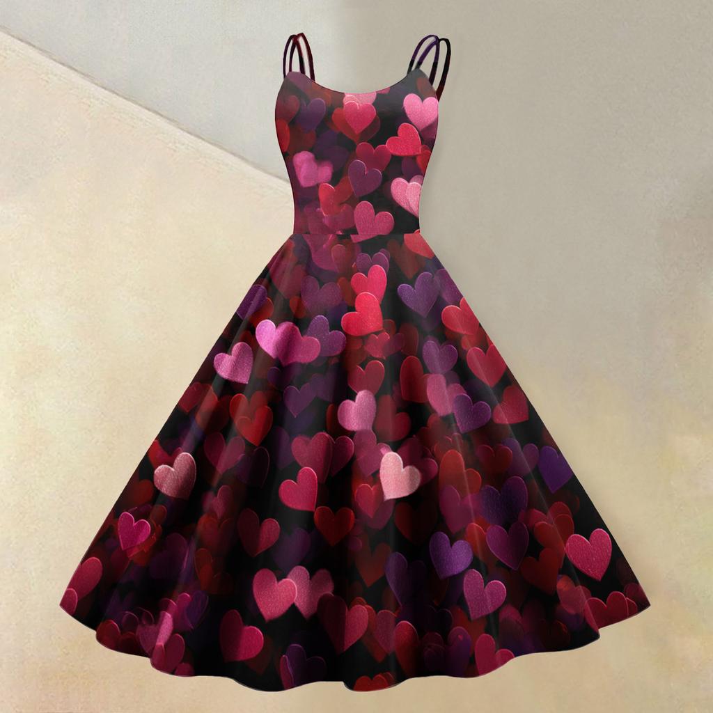 Damen-Kleid mit Valentinstag-Liebesherz-Print, sexy, schulterfrei, Vintage-Kleid