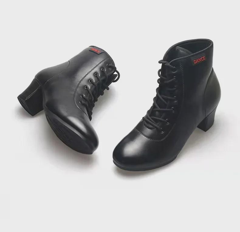 Women's Square Dance Shoes: Medium/High Heels, High Tops, Soft Sole, Embossed Leather, Ideal for Middle-aged/Elderly, Perfect for Autumn/Winter.