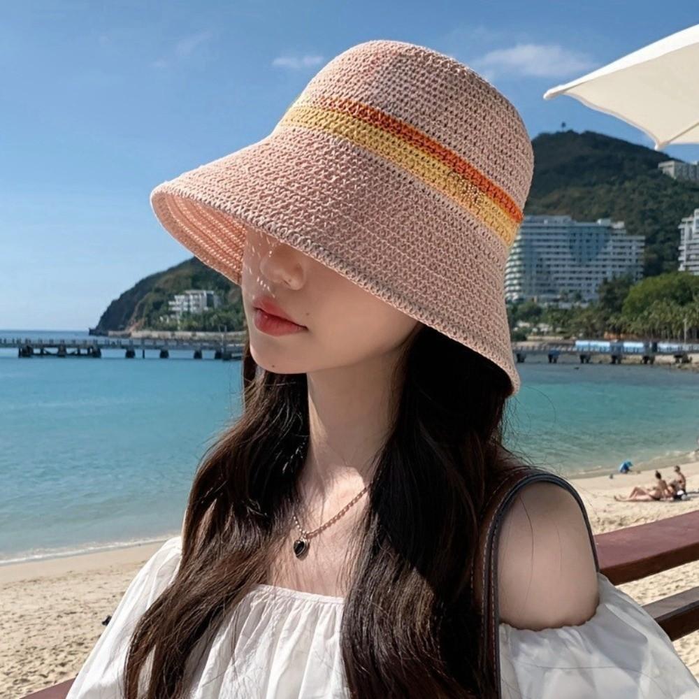 Flat Brim Hollow Straw Cap Breathable Sun Hat Simple Wide Brim Bucket Hat  Beach Vacation