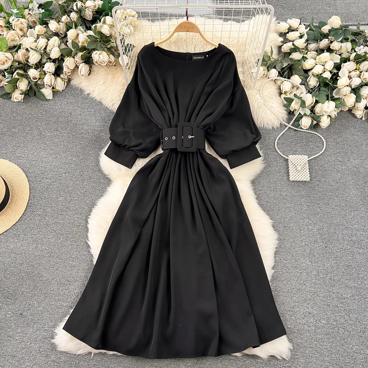 

Роскошные 2024 новые женские весенне-летние о-образным вырезом с рукавами «летучая мышь» и поясом, модные элегантные повседневные платья с высокой талией для взлетно-посадочной полосы, вечерние офисные платья M чёрный