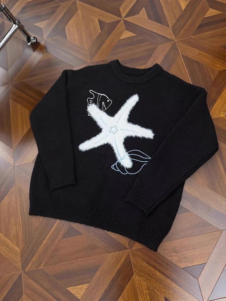 Unisex Korean Lazy Star Embroidered Round Neck Sweater - Casual Autumn/Winter Knit Top