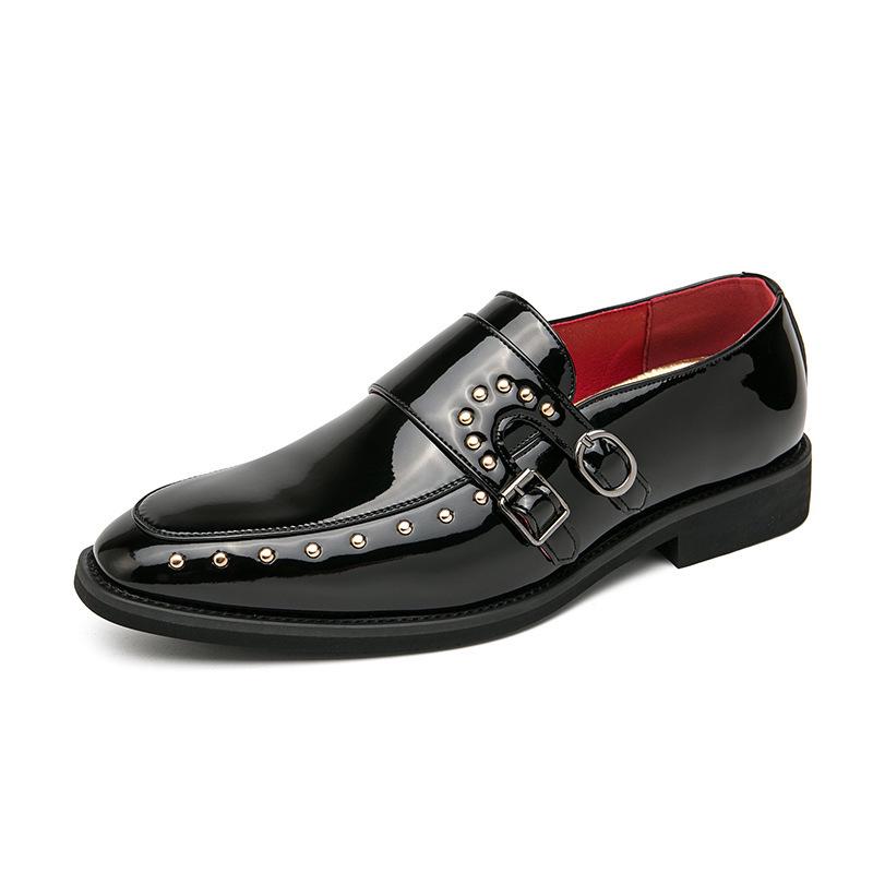 Men s Large Size 46 Glossy Pointed Toe Double Buckle Leather Shoes - British Casual Style 39 чёрный