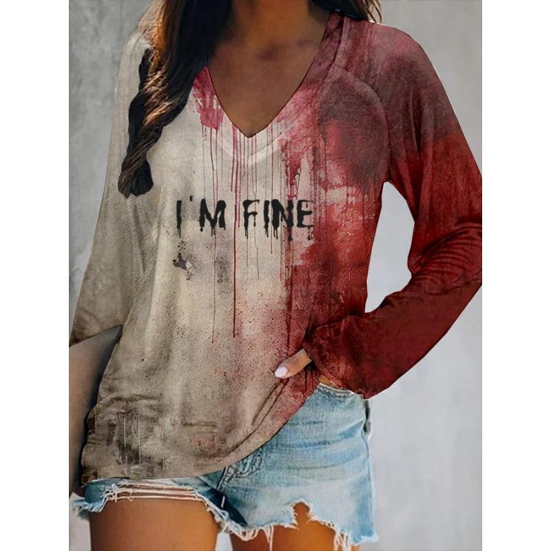 Halloween Mode Blutiger Buchstabe 3D-Druck Grafik Langarm-T-Shirt Lässiges V-Ausschnitt-Oberteil Polyester Atmungsaktiv