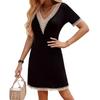 V Neck Lace Trim Patchwork Solid Color Short Sleeve Long Slim Fit Flattering Bodycon Dress Versatile Mature Style Retro Sexy Elegant Women Dress