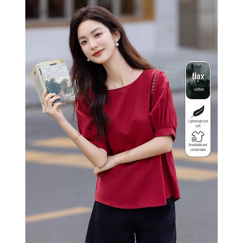 Demana Elegant Linen-Cotton Lace Mid-Sleeve Blouse L