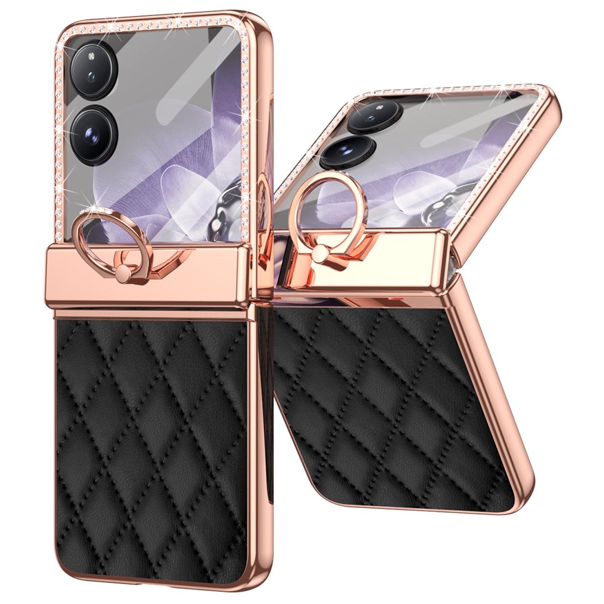 

For Xiaomi Mix Flip 5G Case Ring Holder Rhinestone Leather+PC Cover with Rear Screen Film Black
