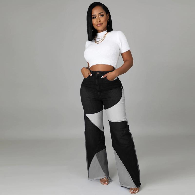 Autumn 2023 Women's European & American Color Block High Waist Flared Jeans