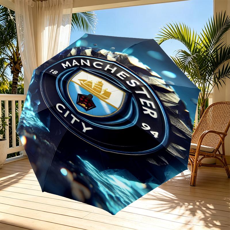 Manchester City FC Aufdruck Automatischer Öffnungs-Schließ-Regenschirm, Tragbarer Faltregenschirm, für den Außenbereich, Pendeln, Campingausflug, Ideales Geburtstagsgeschenk