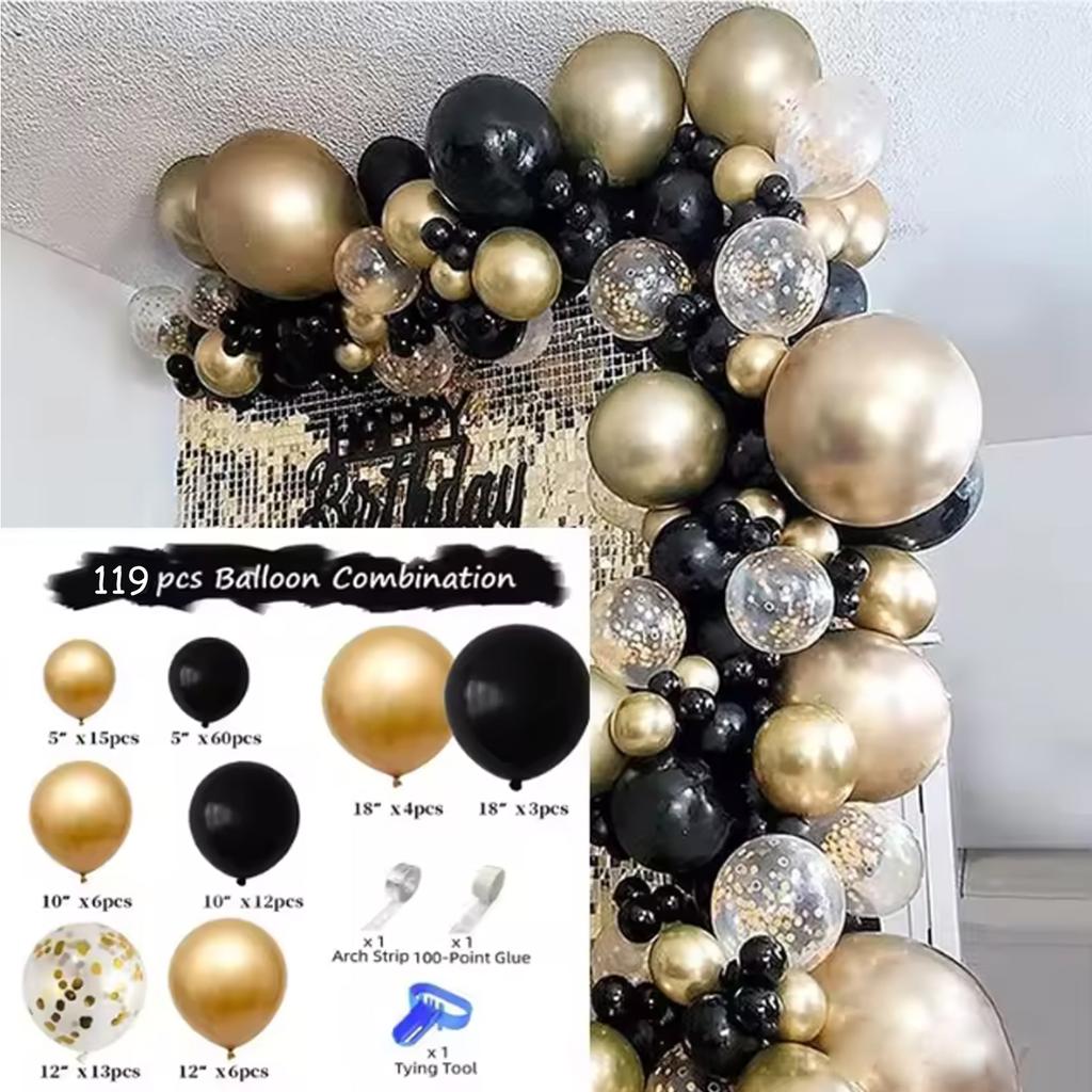 Set di palloncini in lattice da 137/119 pezzi nero, oro e argento, adatto per matrimoni, compleanni, feste pop, addii al nubilato e feste