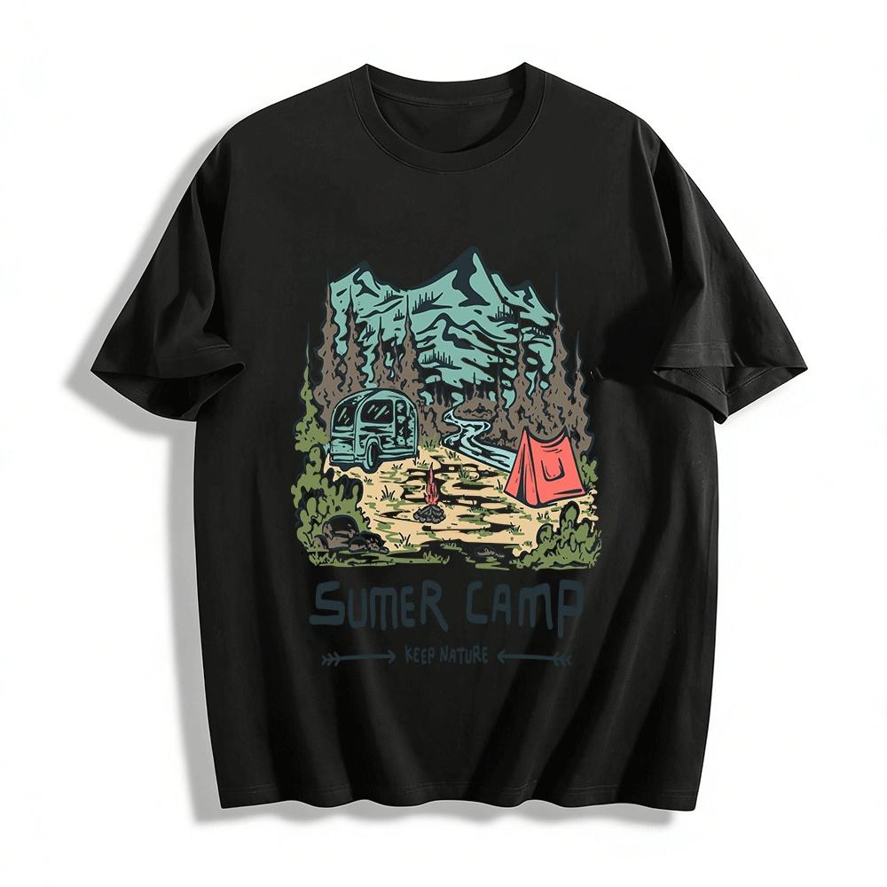 Summer Camp Nature Themed Print Tee Outdoor Casual Camping Shirt Pure cotton T-shirt