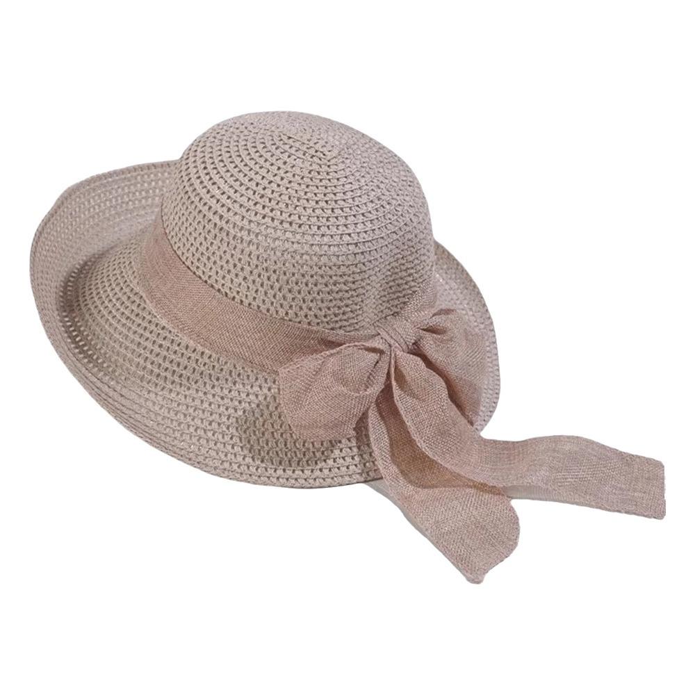 

Portable Straw Weaving Beach Hat Hollow Out Bow Fisherman Cap Big Brimmed Woven Cap Women