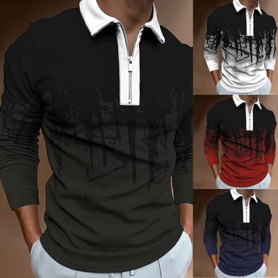 Men's Sweatshirt Zip Casual Slim Men's Stripe Digital Print Long Sleeve Polo Top