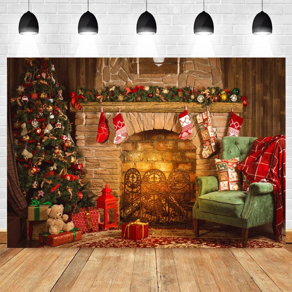 Christmas Photography Background Custom Christmas Tree Fireplace Poster Family Portrait Children Carnival Party Banner Decor