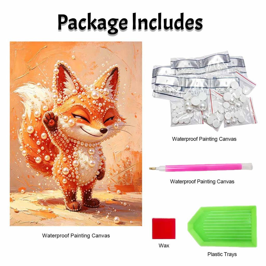 DIY 5D Pearl Bead Painting Kit with Frame Cute Orange Fox Portrait Shiny Canvas Art for Bedroom Wall Decor and Gift for Home Decoration