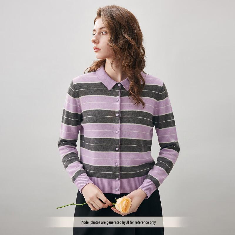 Women's Striped 100% Wool Lapel Cardigan