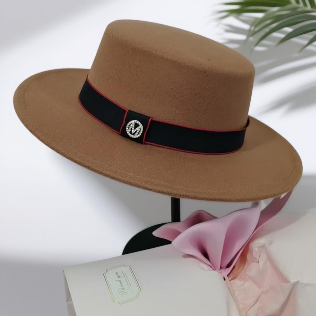 Retro woolen flat hat female autumn and winter French temperament socialite M standard top hat fashionable flat-brimmed jazz hat self-operated