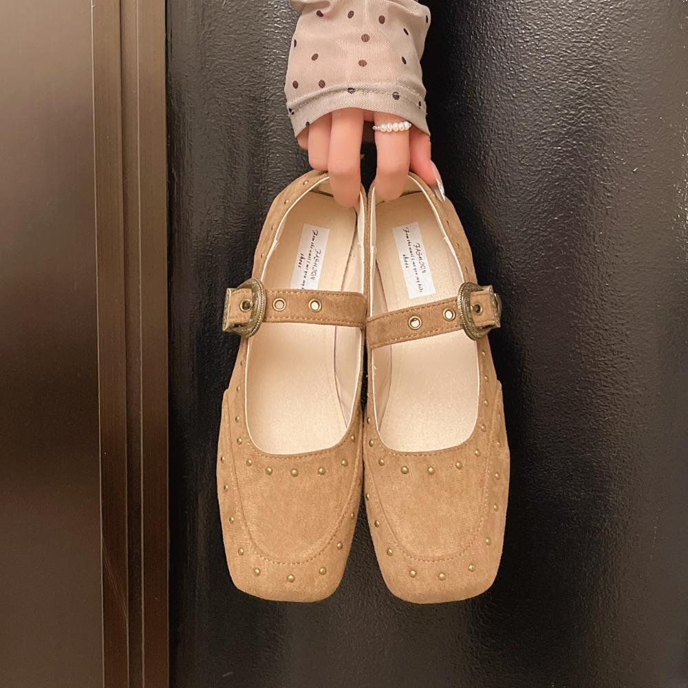 

Autumn Women s Shoes Fashion Studded Velvet Flats French Square Toe Pumps Metal Buckle Strap Mary Janes Soft-soled Casual Shoes 40 хакі