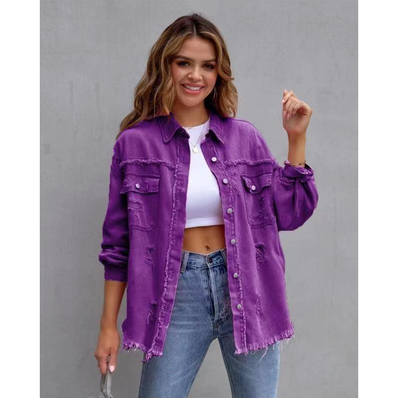2026 Europäische und amerikanische süße Mode Spice Girls Sommer neue Revers Langarm Jeansjacke mit Löchern für Damen