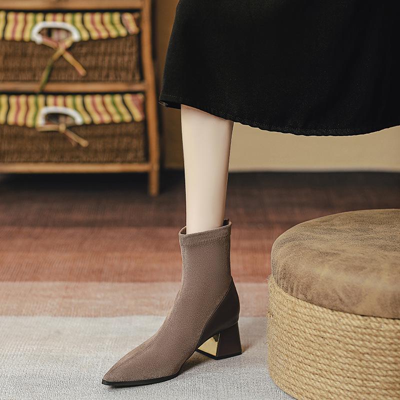 Pointed short boots women's thick heel new women's boots medium heel fashion boots splicing style retro medium boots