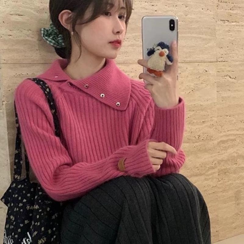 

Модный вязаный свитер с высоким воротом, зимний толстый свитер с длинным рукавом, женские свитера, шикарные женские топы с пуговицами, элегантный винтажный джемпер 25437 One Size розы красного