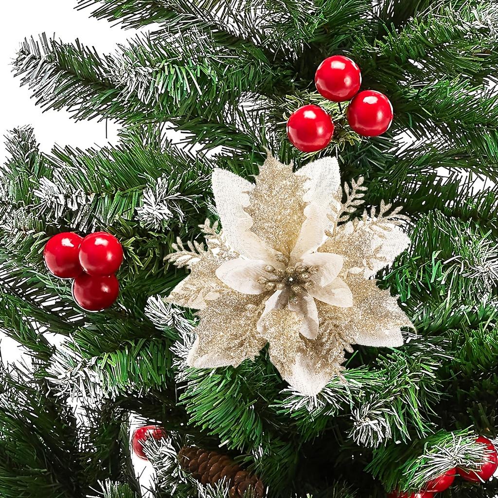 1pc Christmas Poinsettia Artificial Flower, Christmas Tree Wreaths Garland Decor, Glitter Flowers Decor for Xmas New Year Wedding Party Ornaments