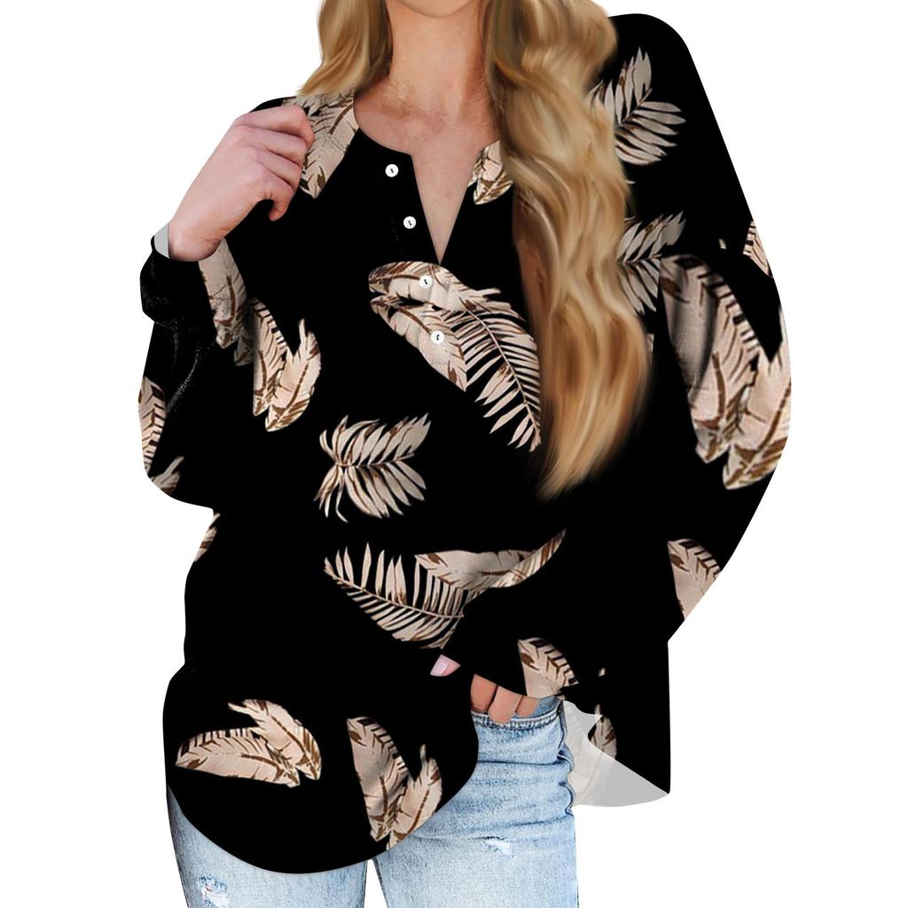Women's New Button Collar Fashion Retro Printed Long Sleeves T-Shirt Slim Top Casual Tops