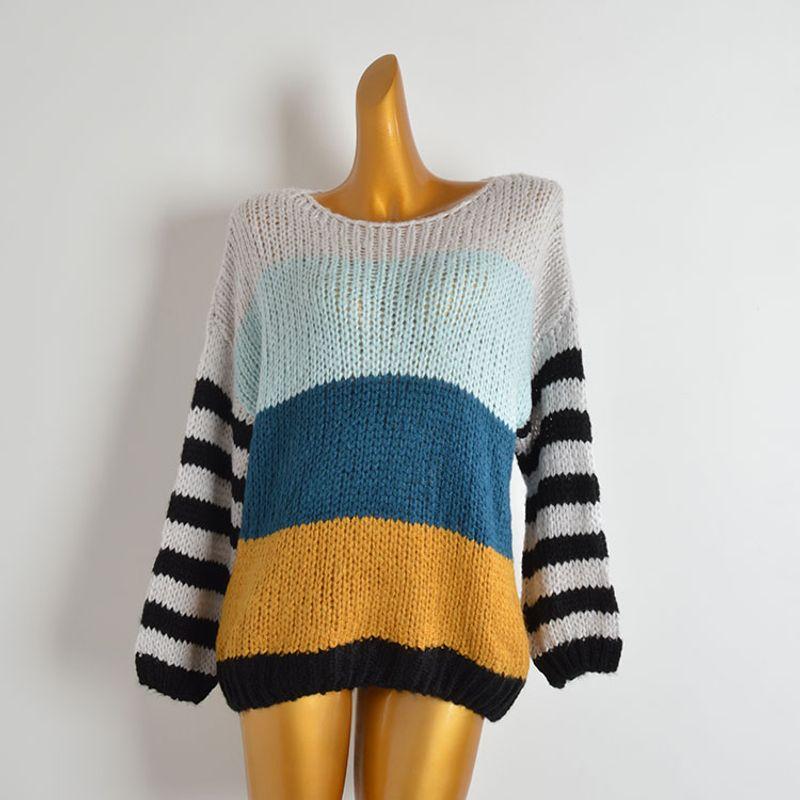 

Export round Neck Pullover Stripe Cut Out Stylish Sweater Soft Glutinous Loose Long Sleeves Knitwear T-shirt Tops Women Cyan All yards