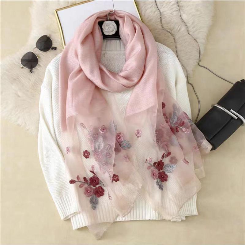 Silk Wool Embroidered Silk Scarf Women'S Spring And Autumn Thin Outer Shawl Dual-Purpose Winter Gift High-End Mulberry Silk Scarf