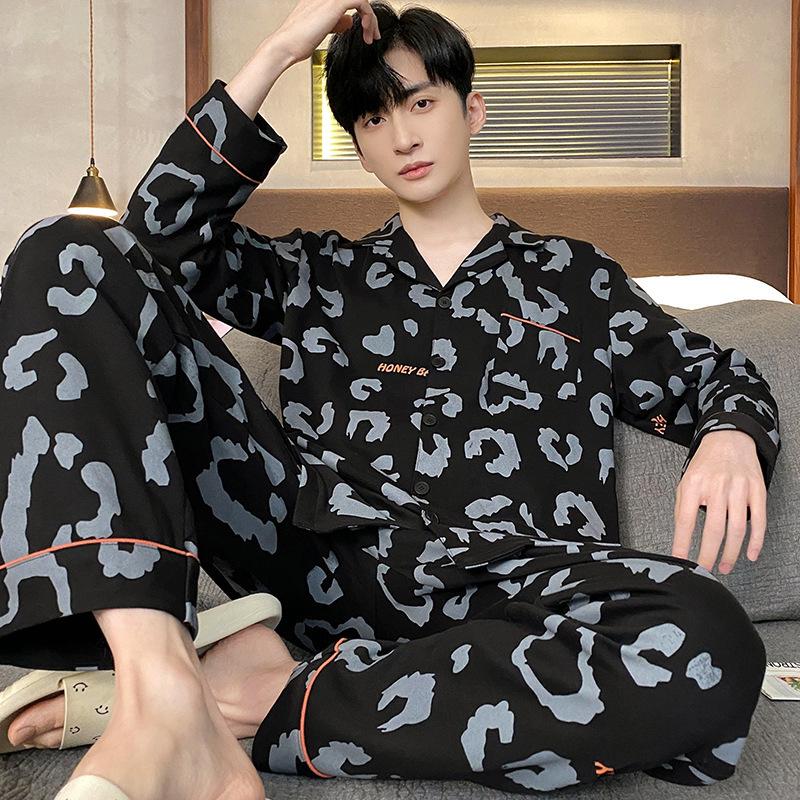Cotton Men's Pajamas Spring and Autumn Long-Sleeved Nightwear New Cardigan Plaid Wind Homewear Sleepwear Loungewear
